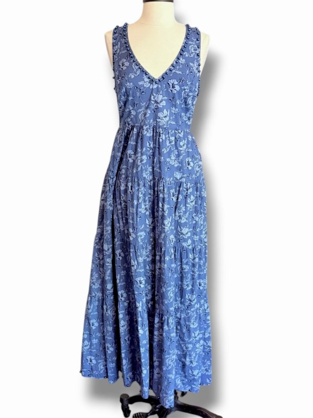 Blue Floral Beaded Pearl Trim Tiered V Neck Maxi Dress With Pockets Medium